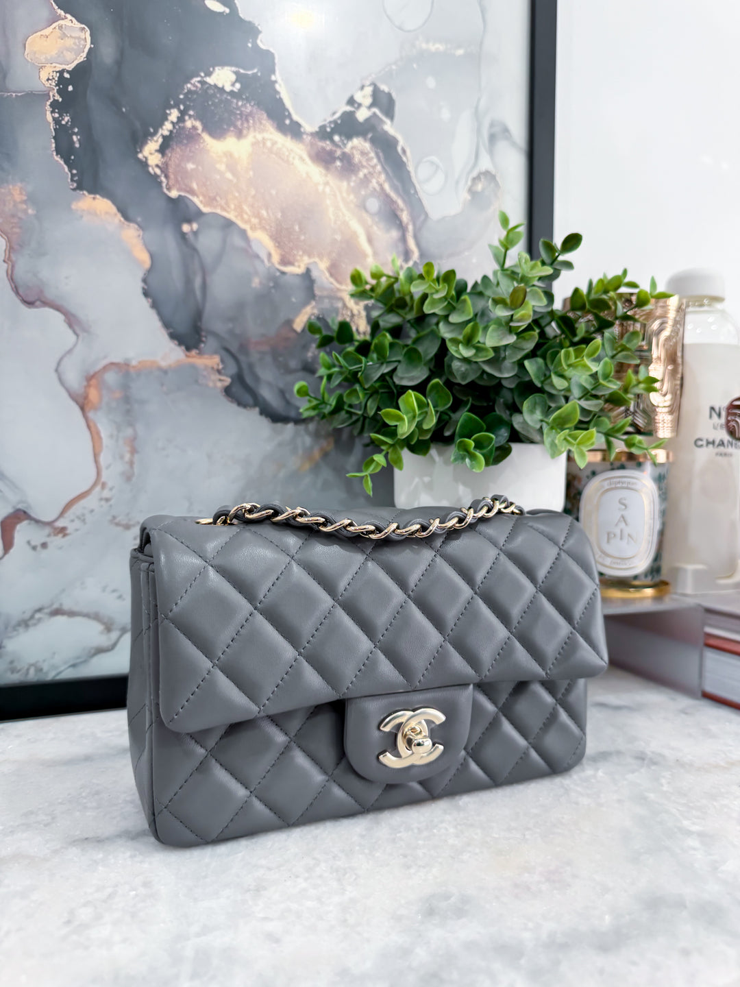 22B DARK GREY MINI RECTANGLE LAMBSKIN LGHW