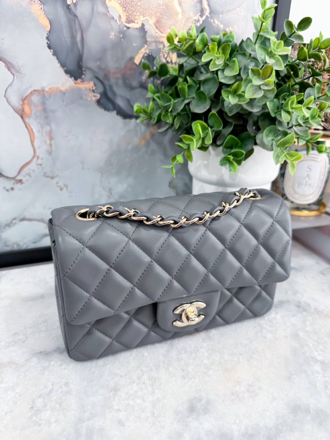 22B DARK GREY MINI RECTANGLE LAMBSKIN LGHW