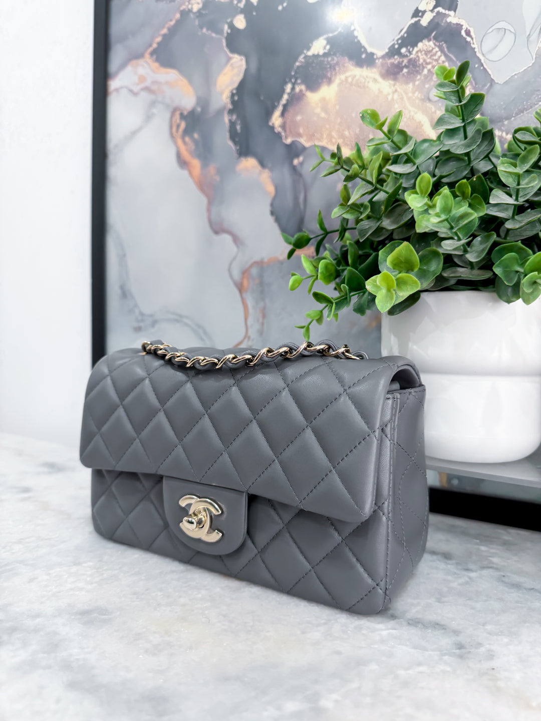 22B DARK GREY MINI RECTANGLE LAMBSKIN LGHW