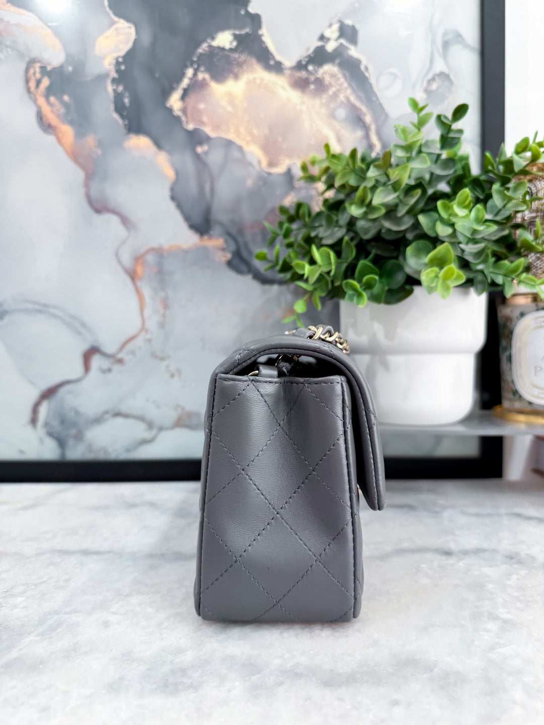 22B DARK GREY MINI RECTANGLE LAMBSKIN LGHW