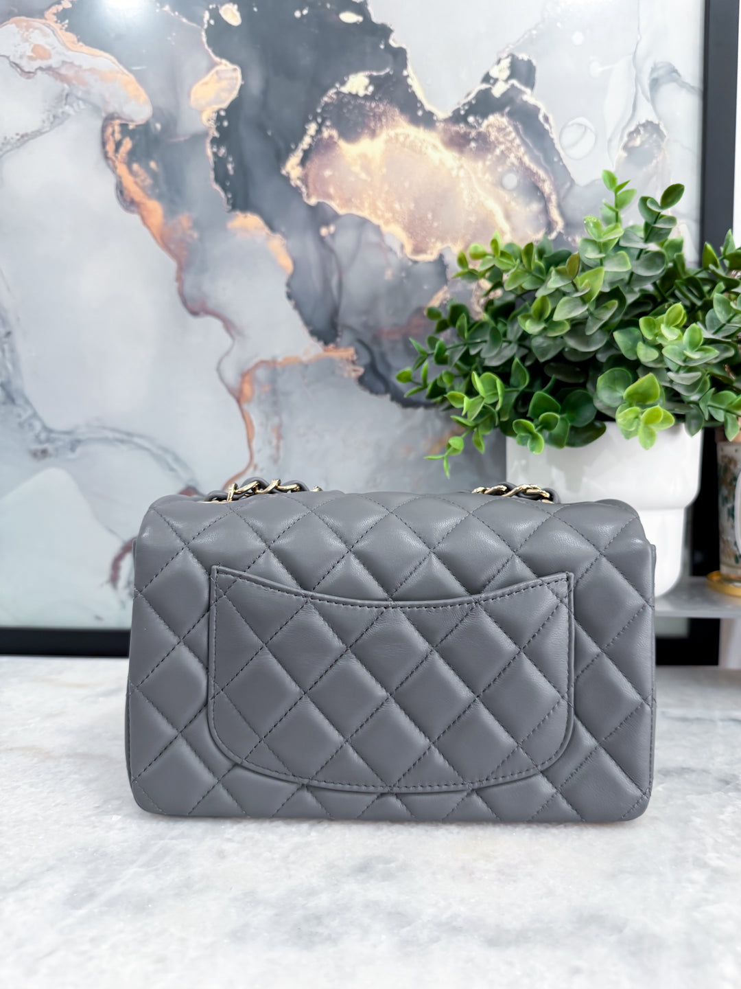 22B DARK GREY MINI RECTANGLE LAMBSKIN LGHW