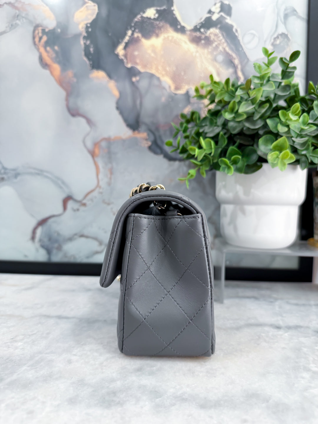 22B DARK GREY MINI RECTANGLE LAMBSKIN LGHW