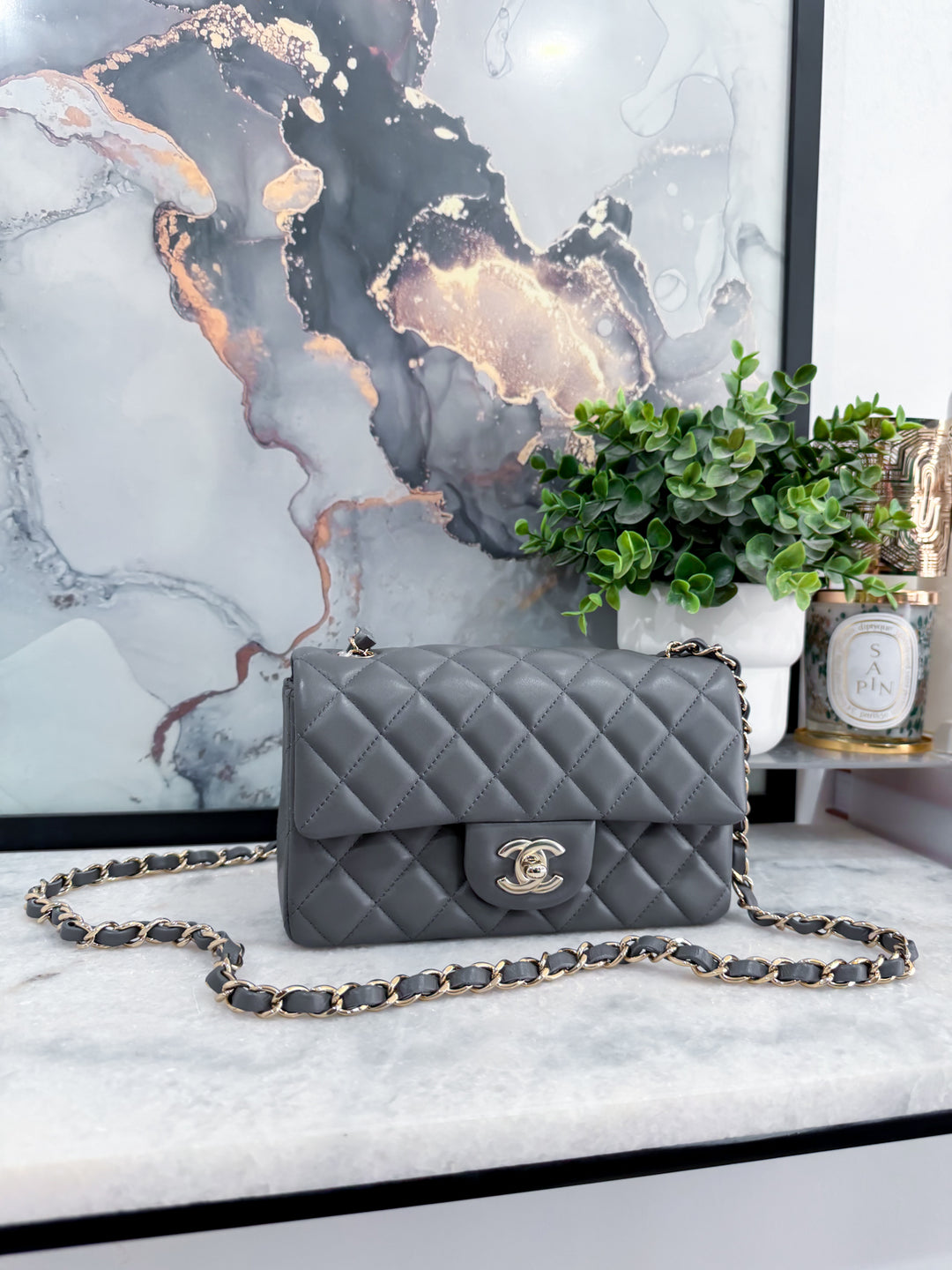 22B DARK GREY MINI RECTANGLE LAMBSKIN LGHW