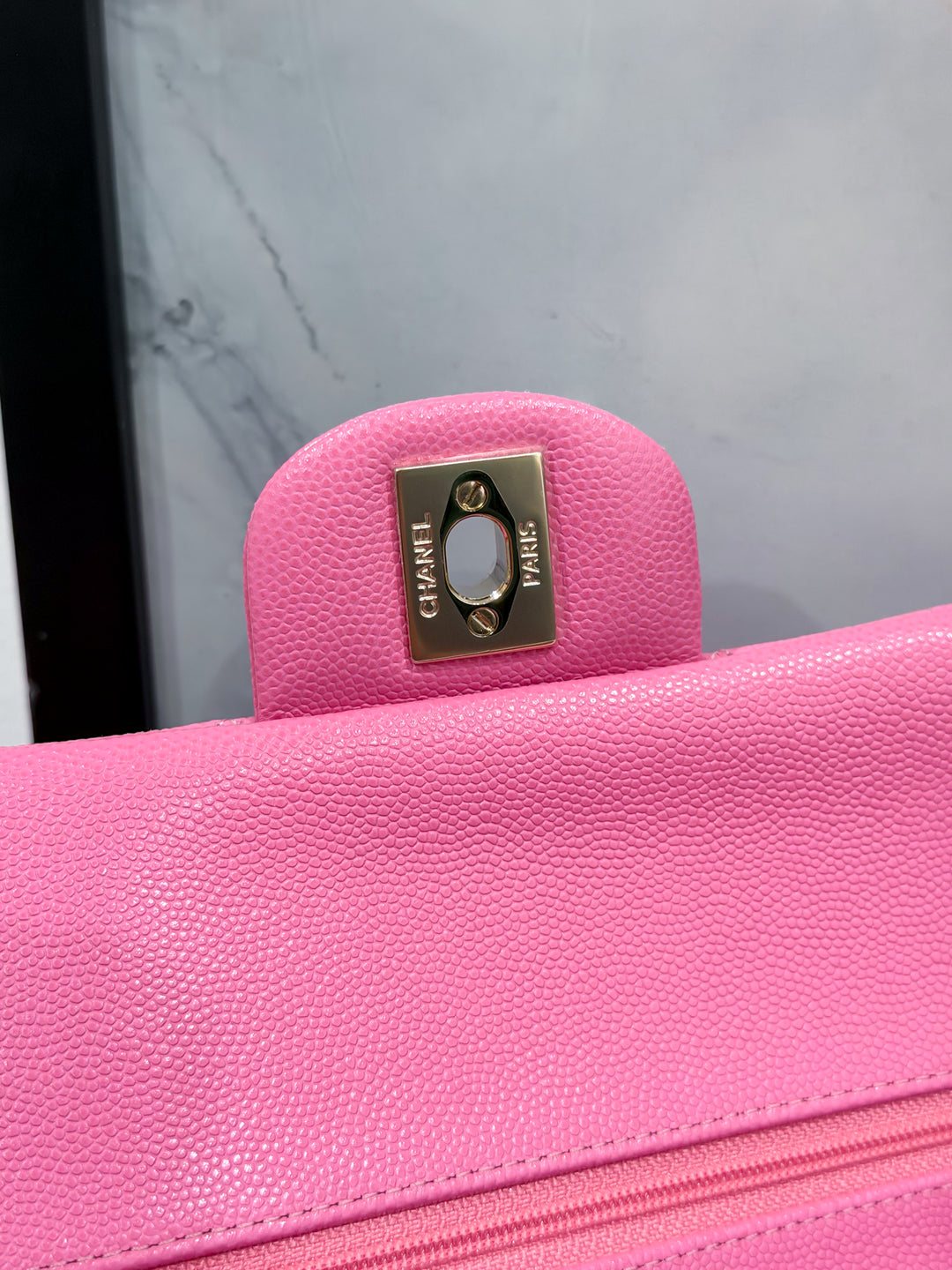21P BUBBLEGUM PINK MEDIUM CLASSIC DOUBLE FLAP CAVIAR LIGHT GOLD HARDWARE