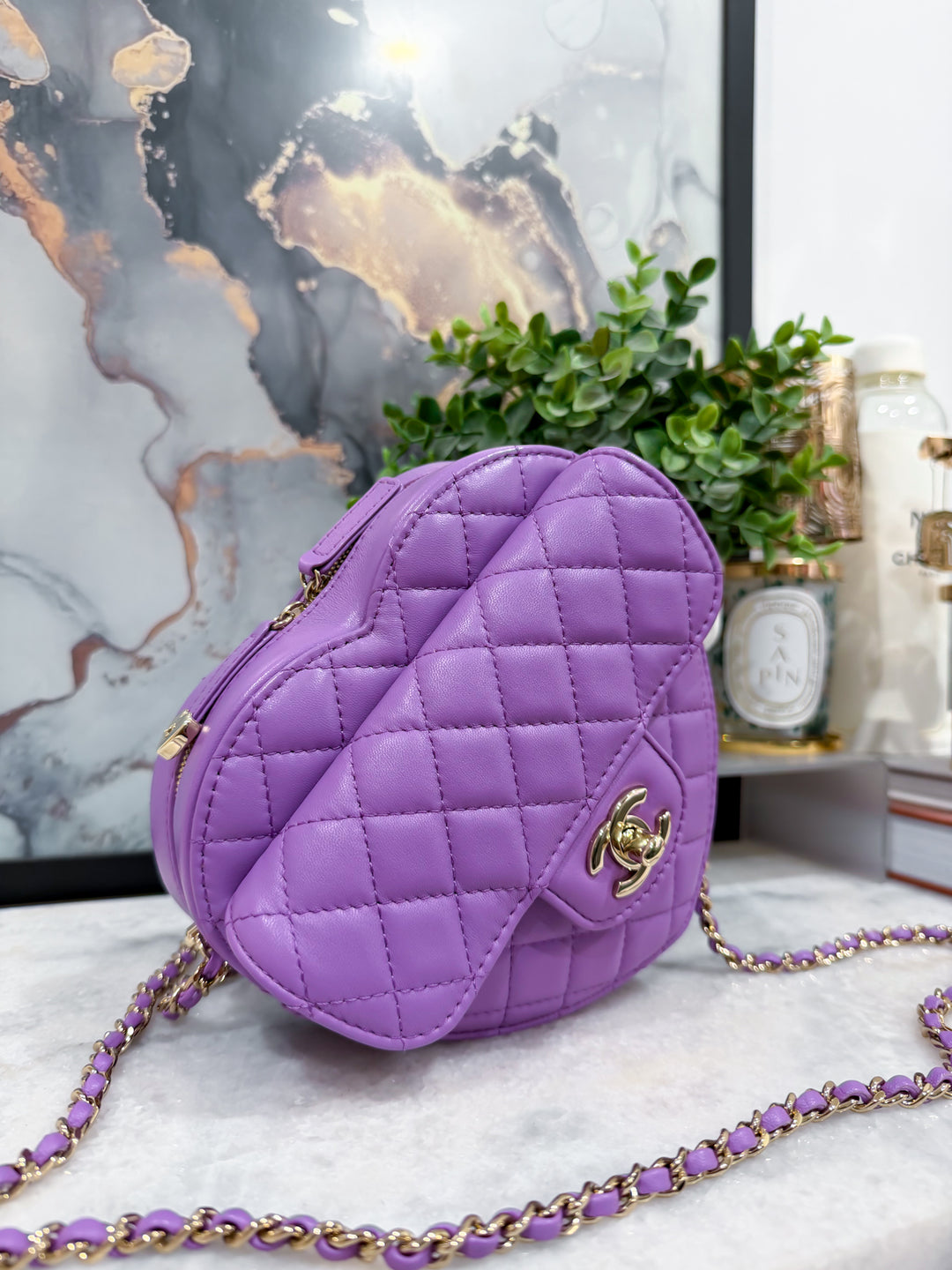 22S PURPLE CC IN LOVE LARGE HEART BAG LAMBSKIN LIGHT GOLD HARDWARE