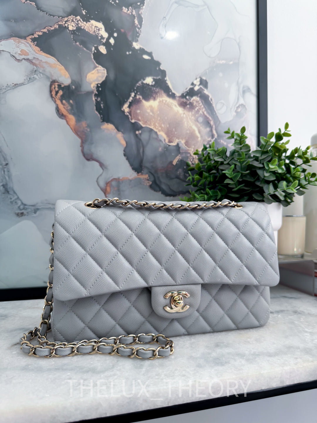 21A DOVE GREY MEDIUM CLASSIC DOUBLE FLAP CAVIAR LIGHT GOLD HARDWARE