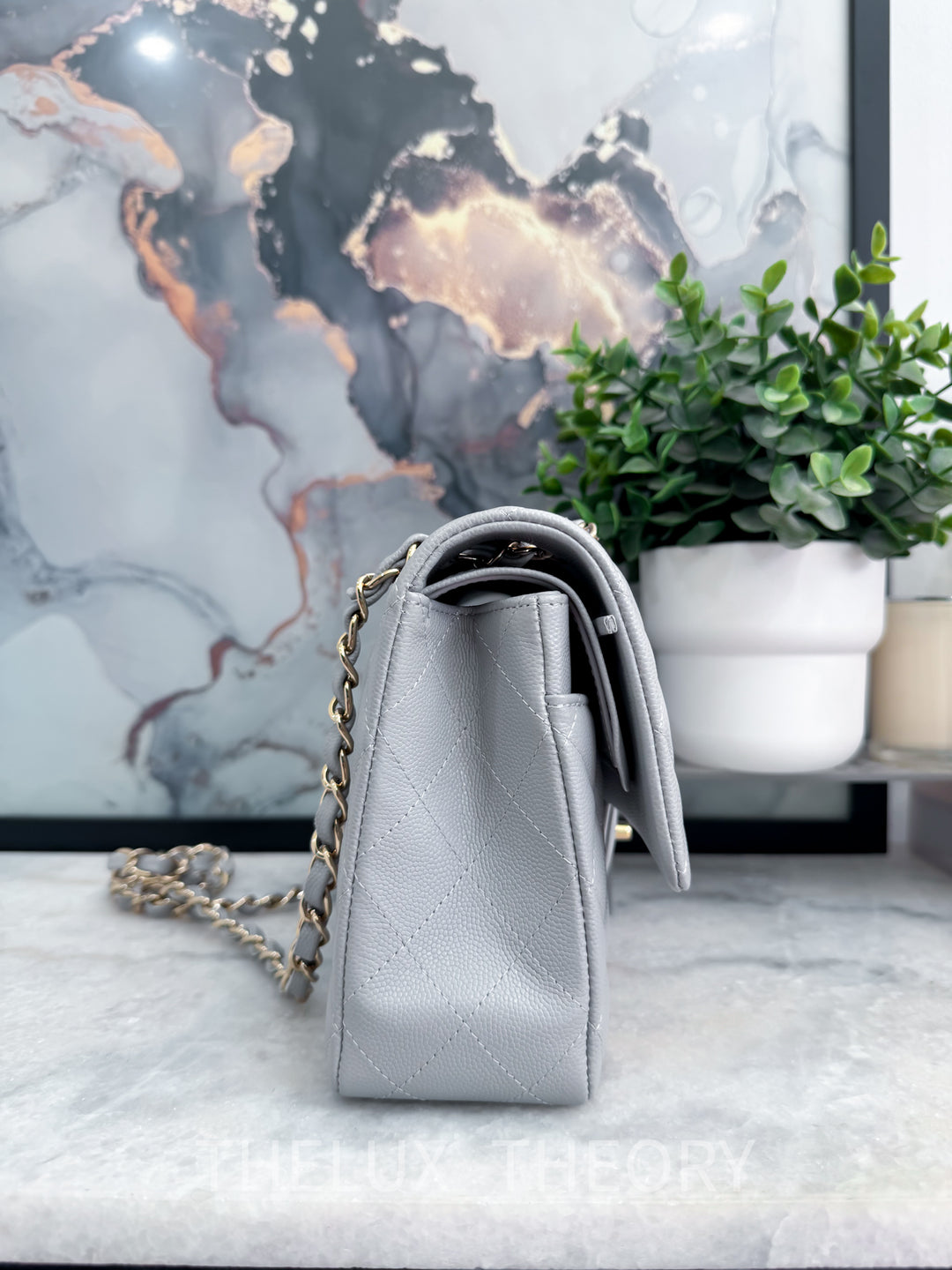 21A DOVE GREY MEDIUM CLASSIC DOUBLE FLAP CAVIAR LIGHT GOLD HARDWARE
