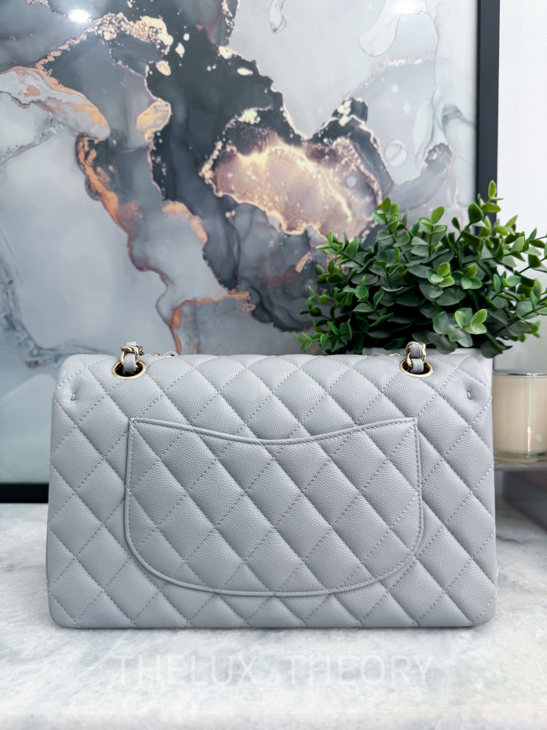 21A DOVE GREY MEDIUM CLASSIC DOUBLE FLAP CAVIAR LIGHT GOLD HARDWARE