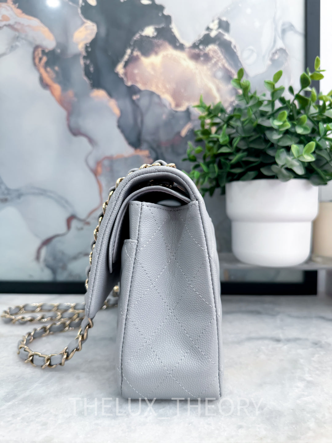 21A DOVE GREY MEDIUM CLASSIC DOUBLE FLAP CAVIAR LIGHT GOLD HARDWARE