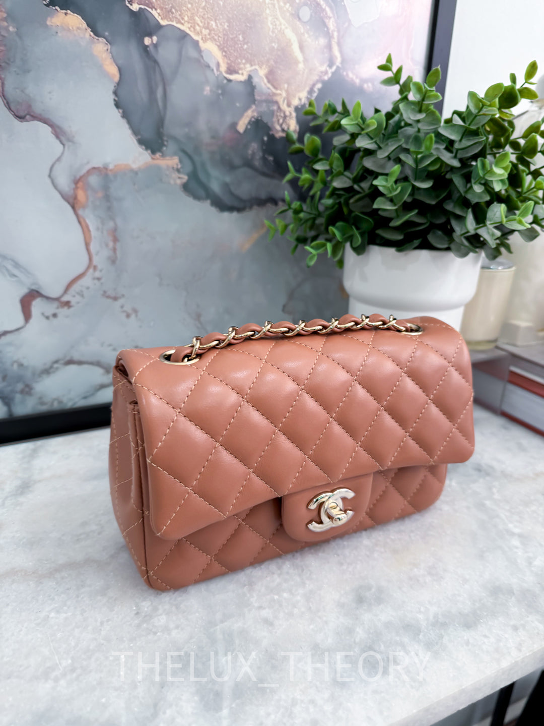 22S CARAMEL MINI RECTANGULAR LAMBSKIN LIGHT GOLD HARDWARE