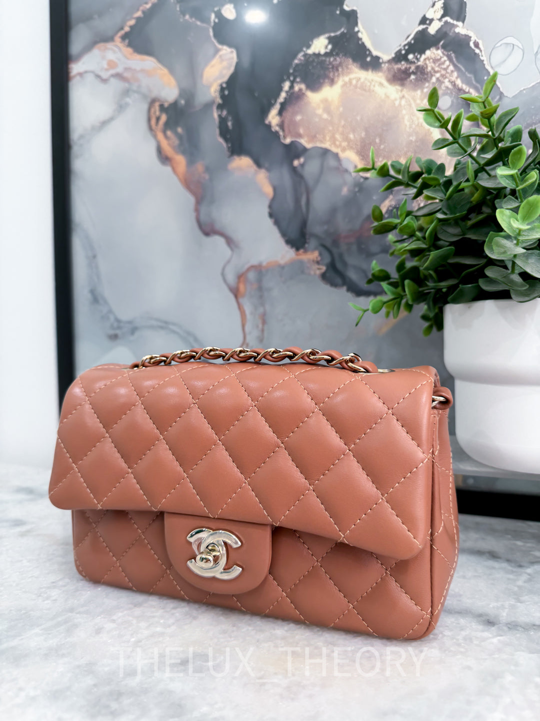 22S CARAMEL MINI RECTANGULAR LAMBSKIN LIGHT GOLD HARDWARE