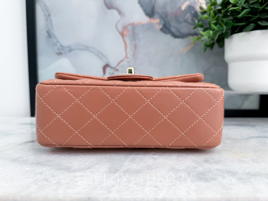22S CARAMEL MINI RECTANGULAR LAMBSKIN LIGHT GOLD HARDWARE