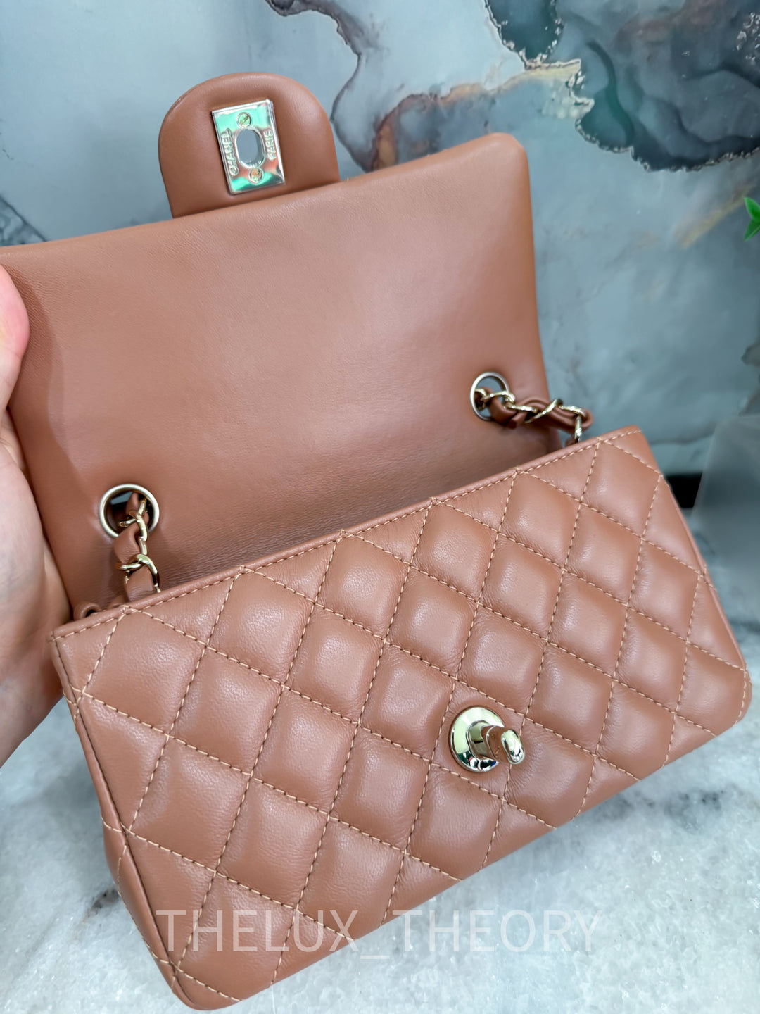 22S CARAMEL MINI RECTANGULAR LAMBSKIN LIGHT GOLD HARDWARE