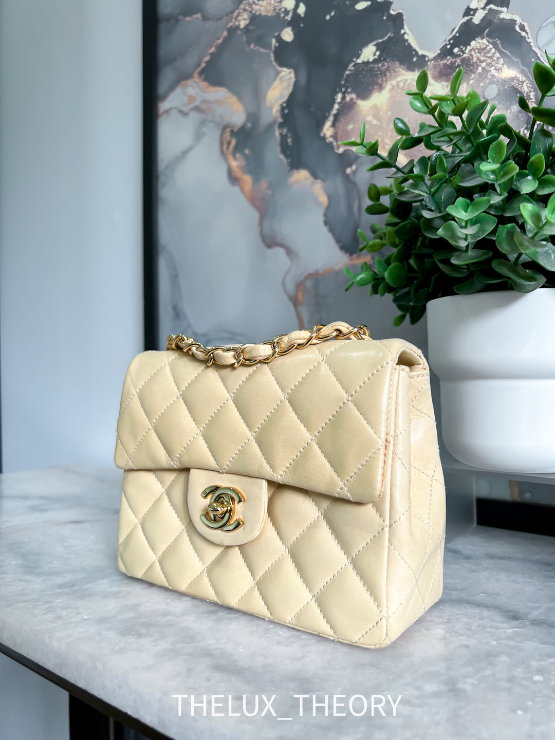 VINTAGE (9 SERIES) MINI SQUARE CLASSIC FLAP BEIGE LAMBSKIN 24K GOLD HARDWARE