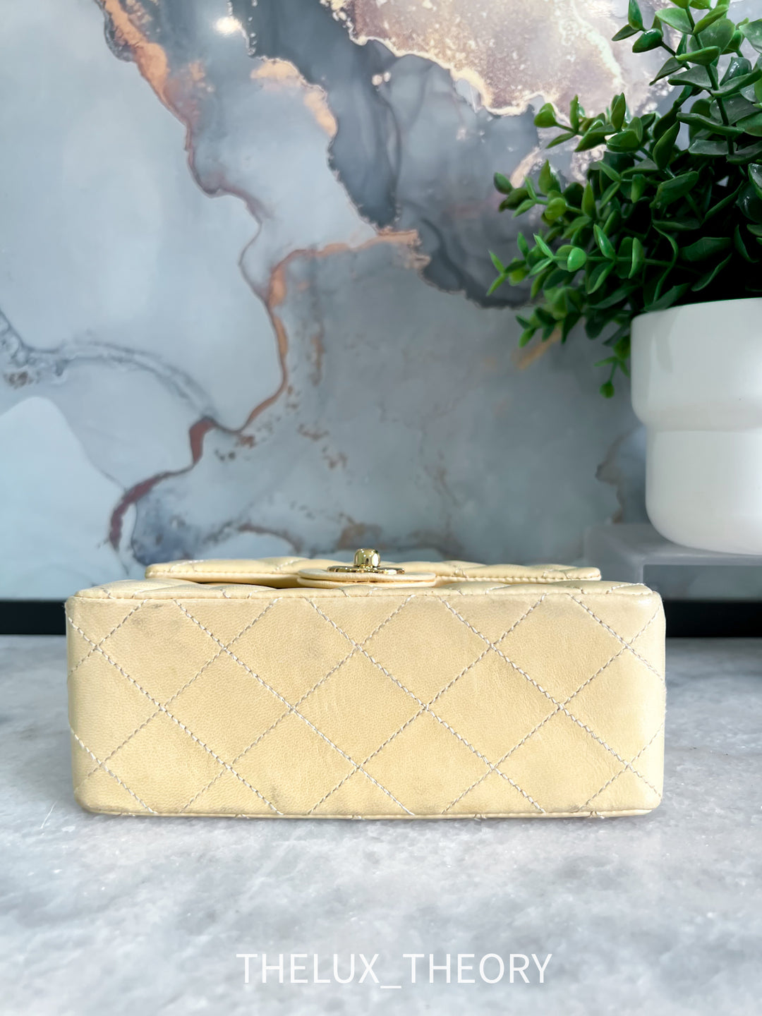 VINTAGE (9 SERIES) MINI SQUARE CLASSIC FLAP BEIGE LAMBSKIN 24K GOLD HARDWARE