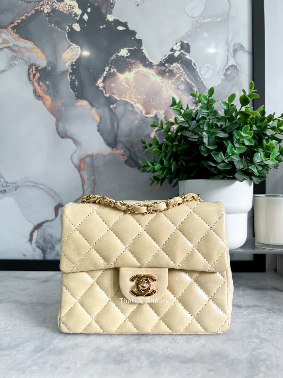 VINTAGE (9 SERIES) MINI SQUARE CLASSIC FLAP BEIGE LAMBSKIN 24K GOLD HARDWARE