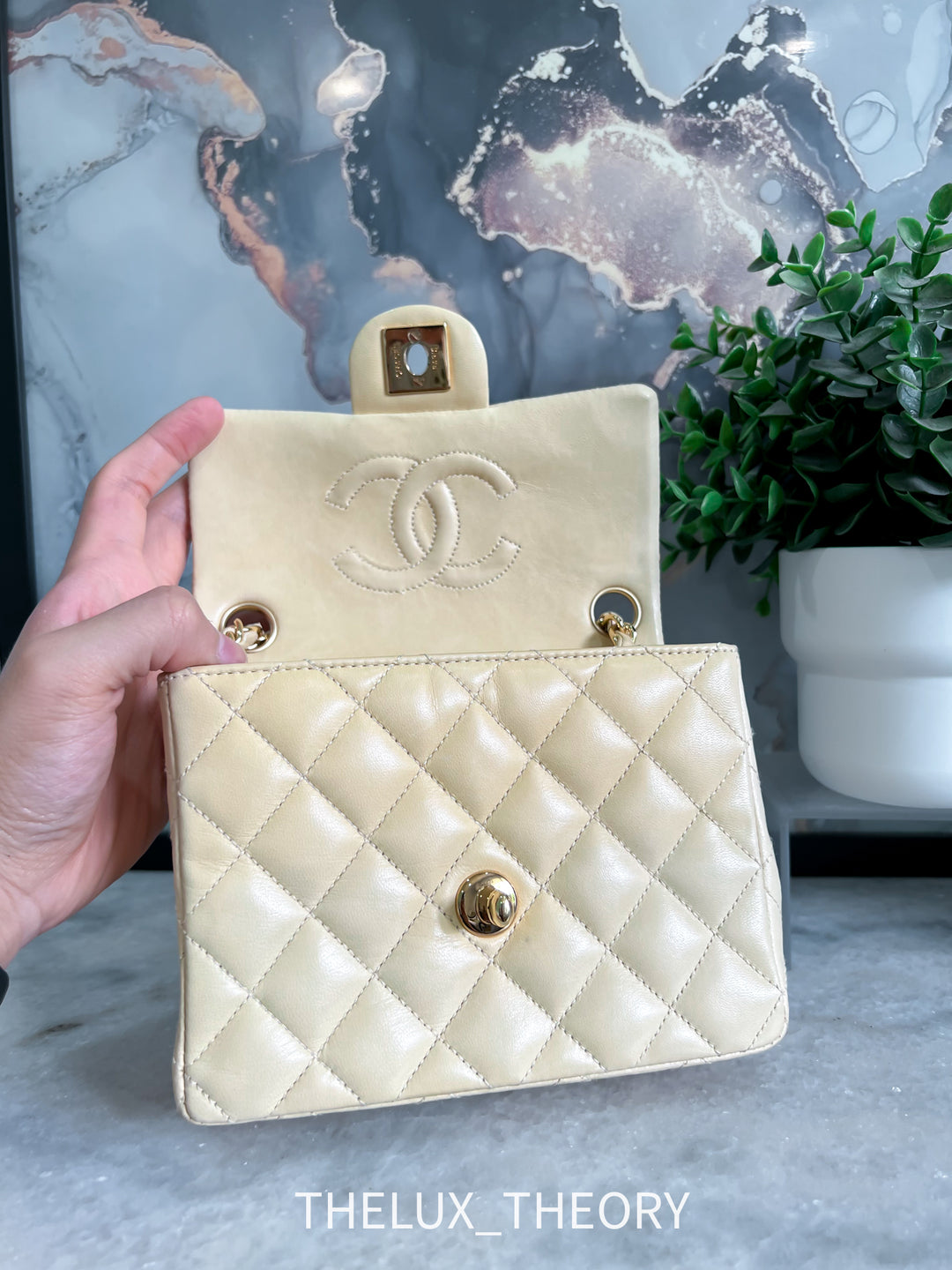 VINTAGE (9 SERIES) MINI SQUARE CLASSIC FLAP BEIGE LAMBSKIN 24K GOLD HARDWARE