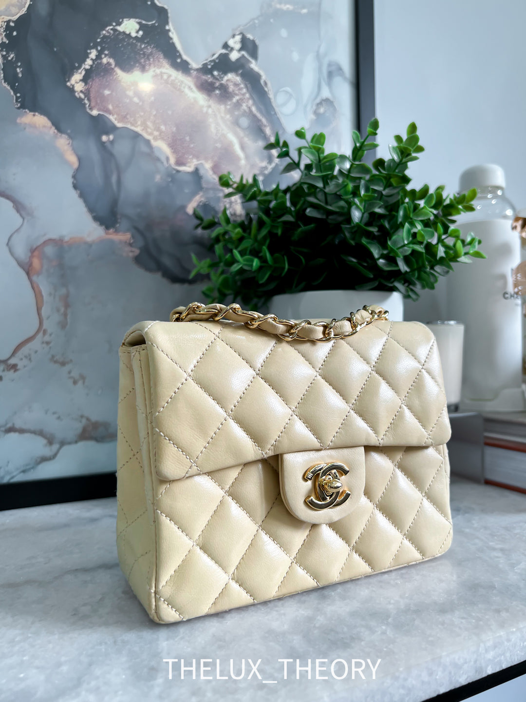 VINTAGE (9 SERIES) MINI SQUARE CLASSIC FLAP BEIGE LAMBSKIN 24K GOLD HARDWARE